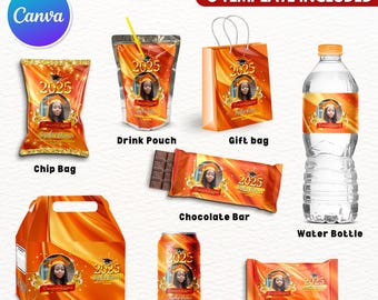 8X Abschluss Party Favor Template Bundle, Orange Canva bearbeitbares Abschlussfeier Design, Party Favor Benutzerdefinierte Wasseretiketten, Chip Bag Wrapper