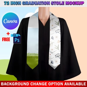 May include: A mockup of a 72 inch graduation stole with a light blue and green patterned design on the left and a white and floral patterned design on the right. The stole is draped over a black graduation gown.