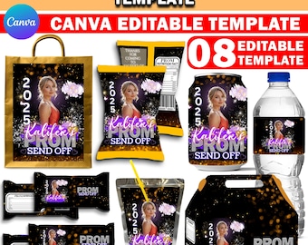 Paquete de plantillas de embalaje para despedida de graduación, obsequios para graduación en negro y plateado, paquete de fiesta de Canva personalizado y editable, etiquetas de agua personalizadas, bolsa de papas fritas