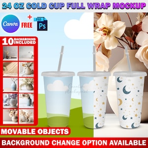 Puede incluir: Maqueta de un vaso frío de 24 onzas con un diseño de envoltura completa. El vaso tiene una tapa blanca y una pajita. El diseño presenta un cielo azul con nubes blancas, hierba verde y un sol amarillo. El vaso está sentado en una mesa con un jarrón de flores en el fondo. El texto "Creative Mockupant" es visible en el vaso.