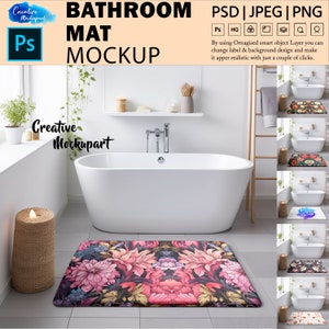 Puede incluir: Una maqueta de una alfombra de baño con un diseño floral. La alfombra es de color rosa, rojo y negro con un patrón floral. La alfombra está delante de una bañera blanca y un suelo de baldosas blancas.