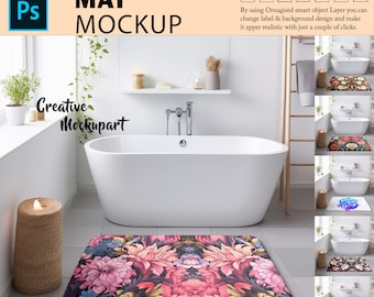 May include: A mockup of a bathroom mat with a floral design. The mat is pink, red, and black with a floral pattern. The mat is in front of a white bathtub and a white tiled floor.