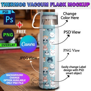 Puede incluir: Un termo blanco con un patrón azul y blanco de animales de dibujos animados. El termo tiene una tapa plateada y un asa. La imagen incluye el texto "Change Color Here", "PSD View", "PNG View", "JPEG View", "Easily change Label design with PSD smart object", "Background Change Option Available Only PSD File", "Creative Mockupand", "FREE", "Canva", "PSD", "Ps", "PNG", "OVERLAY", y "THERMOS VACCUM FLASK MOCKUP".