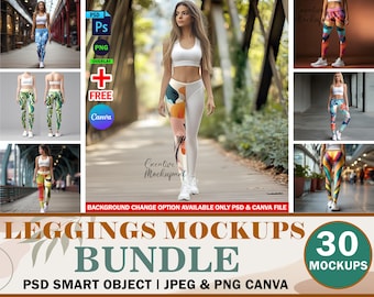 30x Leggings Mockups Bundle, Yoga Leggings Mockup, Photorealistic Long Leggings Mockup Woman Sportswear Mockup Pants Mockup + FREE Canva