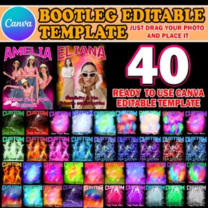 May include: A digital collage of 40 customizable Canva templates featuring various colorful backgrounds with lightning bolts, flames, and abstract designs. The text "BOOTLEG EDITABLE TEMPLATE" is at the top of the image. The text "READY TO USE CANVA EDITABLE TEMPLATE" is at the bottom of the image.