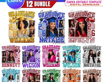 12x Graduation Photo Shirt Bundle for Canva, Editable Class of 2026 Senior T-Shirt Templates, High School Grad PNG Designs, DIY Grad Graphic