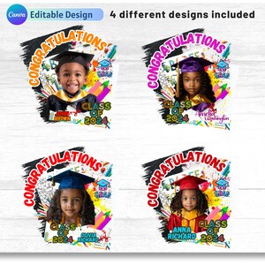 May include: Four graduation-themed designs featuring children in caps and gowns. Each design includes the word "Congratulations" in a circular pattern, the text "Class of 2024", and the name of the graduate. Colorful pencils and graduation caps are also included.