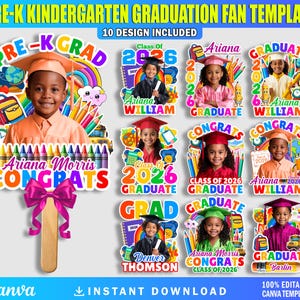 May include: A collection of colorful graduation fan templates for pre-K and kindergarten students. Each design features a child's photo, the name, and the year of graduation. The fans include a wooden stick and a large pink bow.