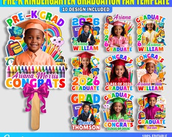May include: A set of colourful graduation fan templates for pre-K and kindergarten pupils. Each design features a child's photo, name, and graduation year. The fans include a wooden stick and a large pink bow.