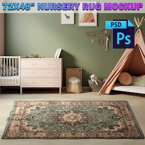 May include: A green and brown patterned rug with a beige border. The rug is in a nursery setting with a cot, chest of drawers, and a teepee tent.
