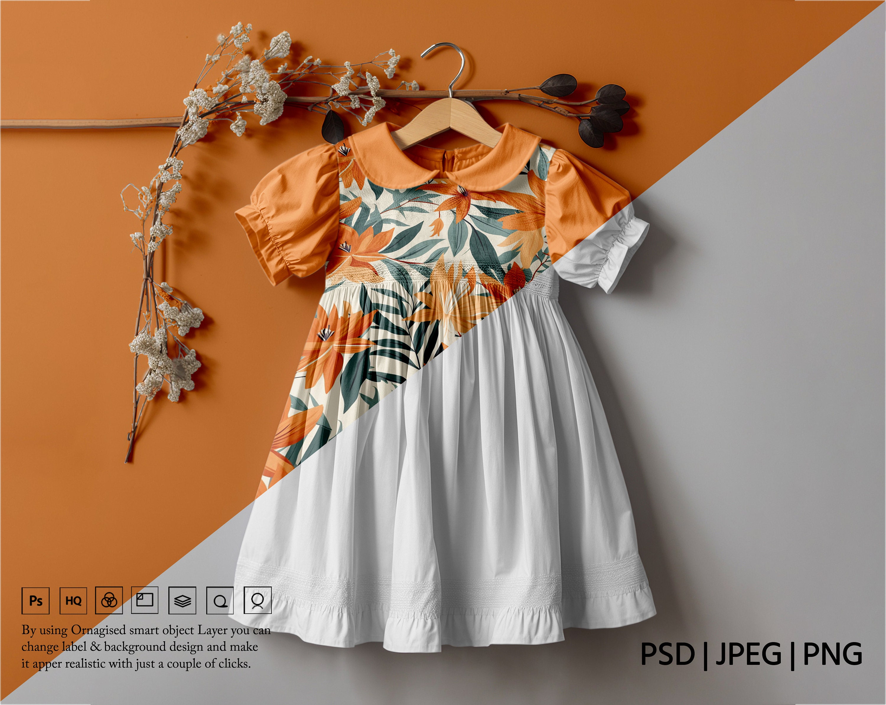 Maquette de robe flottante de dinde fumée | Maquette de vêtements personnalisable, ajoutez votre design via Photoshop Smart PSD, Canva PNG & JPG
