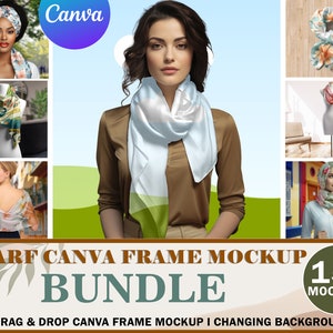 15 Canva スカーフ モックアップ バンドル | シルク スカーフ Canva フレーム モックアップ | ラップ スカーフ、フラット レイ スカーフ モックアップ | ドラッグ アンド ドロップでデザインを Canva に挿入