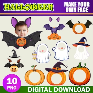 May include: A set of 10 Halloween-themed digital printable face masks. The masks include a bat, ghost, witch, pumpkin, and more.  The masks are perfect for a Halloween party or for a fun activity for kids.  The text "Make Your Own Face" and "Digital Download" are also included in the image.