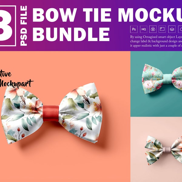 3 Bow Tie Mockup Bundle |  Bows Mock Up| Hair Bow Mockup | Change Background, Add Design Via Photoshop Smart PSD Object, Canva PNG & JPG