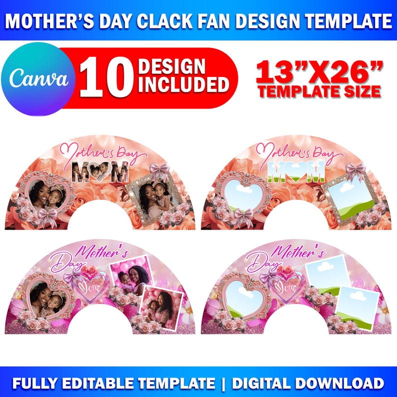 Peut inclure: Dix mod&egrave;les imprimables de clapets pour la f&ecirc;te des m&egrave;res. Chaque mod&egrave;le pr&eacute;sente un fond rose et p&ecirc;che avec des fleurs, des c&oelig;urs et un espace pour une photo. Les mod&egrave;les mesurent 33 cm sur 66 cm.