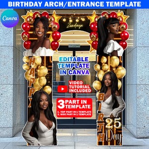 Birthday Entrance Arch Design Canva Template, Red & Gold Birthday Arch, Editable B'day Arch Entryway, Bday Archway For Party Decoration
