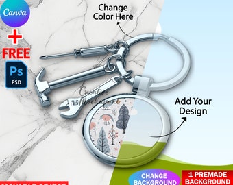 Dye Sublimation Hammer Ornament Key Ring Mockup, DIY Keyring Fix Tool Keychain Mockup, Insert Design & Background Via Canva Frame And PSD