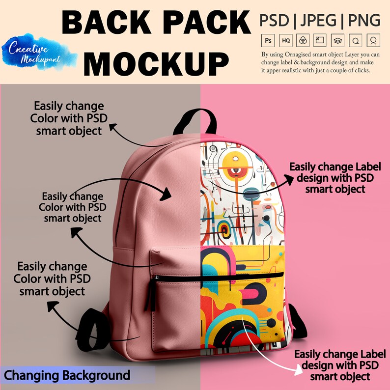 May include: A pink backpack mockup with a colorful geometric design on one side. The backpack has a zippered pocket on the front and adjustable straps. The background is pink and gray.