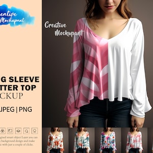 Puede incluir: Una maqueta de una blusa de vuelo de manga larga, blanca y rosa con un estampado floral. La blusa se muestra en una modelo con jeans azul oscuro. La imagen incluye el texto "Creative Mockupant" y "Long Sleeve Flutter Top Mockup".