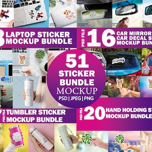 51 Mega Sticker Mockup Bundle | 20 Hand holding Sticker Mockup, 8 Laptop Sticker Mockup, 16 Car Sicker Mockup| 7 Tumbler Sticker | PSD & PNG