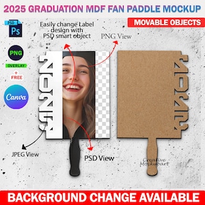 Dye Sublimation 2025 Graduation MDF Fan Mockup, Grad Paddle Mockup, Insert Design & Background Via Canva Smart Frame And Photoshop PSD