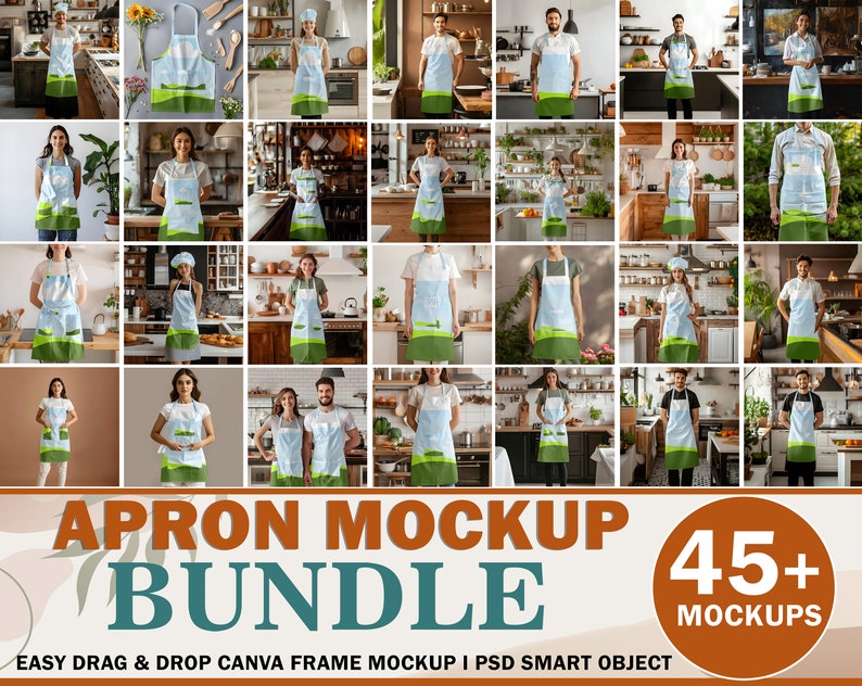 45X Apron Mockup Bundle, AOP & With Pocket Apron Canva Mockup, Kitchen ...