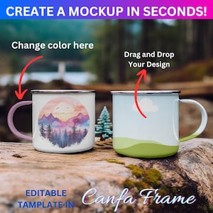 Maqueta de taza esmaltada de 11 oz para campamento con marco Canva para sublimación de tinta / Maqueta de taza para exteriores Canva / Arrastre y suelte para agregar su diseño a través del marco Canva