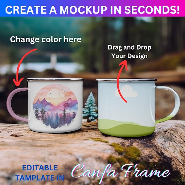 Canva Frame 11oz Enamel Camp Mug Mockup For Dye Sublimation | Mug Outdoor Canva Mockup|  Drag & Drop To Add Your Design Via Canva Frame