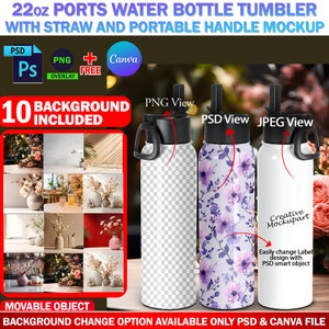 Maqueta de botella de agua deportiva de 22 oz con pajita y asa portátil, diseño de inserción y fondo a través de Canva Smart Frame PSD