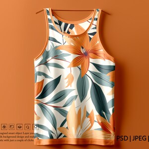 K&ouml;nnte beinhalten: Ein wei&szlig;es Tanktop mit einem floralen Muster in Orange-, Gr&uuml;n- und Wei&szlig;t&ouml;nen. Das Tanktop hat einen d&uuml;nnen orangen Saum an Hals und Arml&ouml;chern.
