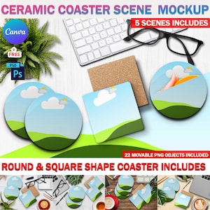 Canva 5X Custom Coaster Mockup Scene, Round and Square Coaster Template, Sublimation Coaster Template, Insert Design Via PSD & Canva Frame