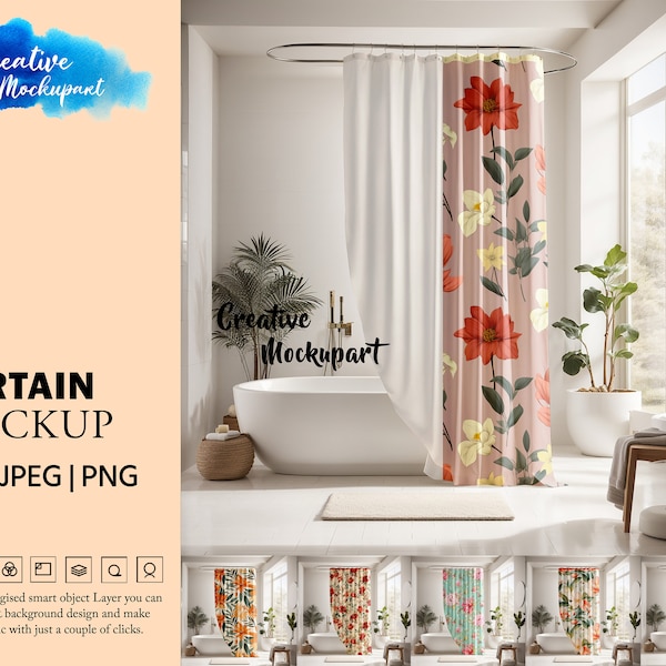 Shower Curtain Mockup | Bath Curtain Mockup | Shower Drape Mockup | Style Stock Photography, Insert Design Via PSD, Canva PNG & JPG