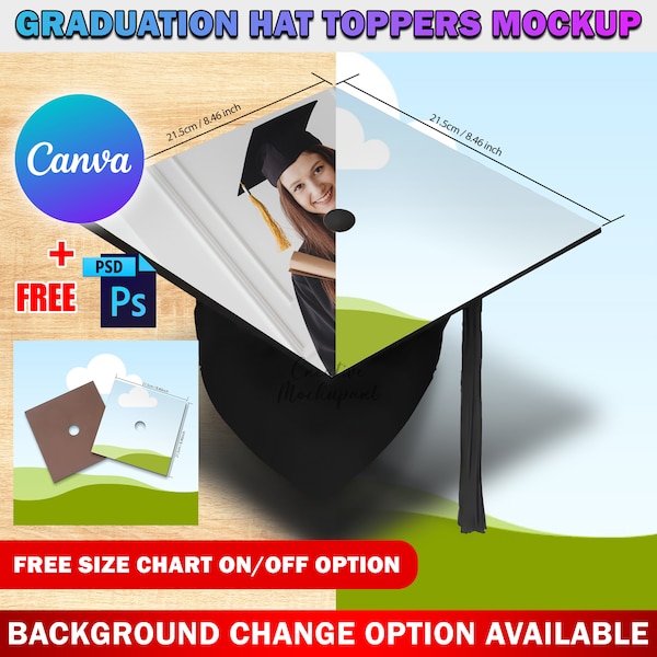 Mockup di cappello da laurea in tela con sublimazione della tintura, mockup di cornice per foto con cappello di laurea, inserto di design e sfondo Canva Smart Frame e PSD