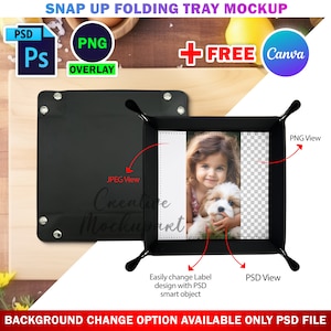 Op de afbeelding: Mockup van een zwart leren opvouwbaar dienblad met een witte en transparante achtergrond. Het dienblad is open en er is een foto van een meisje en een hond in. De tekst "JPEG View" en "PNG View" is zichtbaar op de afbeelding. De tekst "Easily change Label design with PSD smart object" staat onder het dienblad.