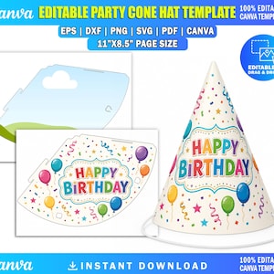 May include: An editable party cone hat template in an 11-inch by 8.5-inch page size. The design features a white background with colorful balloons, confetti, and streamers. The text HAPPY BIRTHDAY is printed in a multi-colored font on the hat.