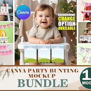 Canva Cute Party Bunting Mockup, Editable Celebration Banner Template, Insert Custom Design & Background, Paper Garland Mockup Scene Creator