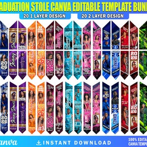 May include: A bundle of graduation stole templates with various designs. Each stole features a photo, name, and year. The stoles come in multiple colors, including blue, purple, orange, pink, and green. Text includes "GRADUATION STOLE CANVA EDITABLE TEMPLATE BUNDLE".