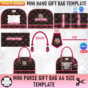 Könnte beinhalten: Druckbare Vorlage für eine Mini-Handtaschen-Geschenkbox. Die Vorlage enthält ein vorderes, hinteres, unteres, rechtes und linkes Panel, einen Griff, ein Etikett und einen Gürtel. Die Vorlage ist für den Druck auf A4-Papier ausgelegt.
