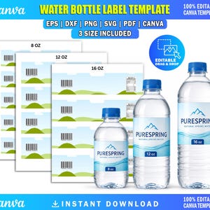 May include: A digital water bottle label template set featuring three sizes: 8 oz, 12 oz, and 16 oz. The design includes a light blue background with green hills and a barcode. Three clear plastic water bottles with blue caps are displayed with labels.