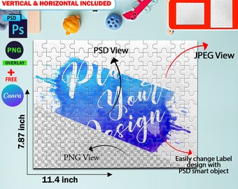 May include: A mockup of a 120 piece puzzle with a blue and purple watercolor design. The puzzle is 11.4 inches wide and 7.87 inches tall. The text "Put Your Design" is visible on the puzzle. The text "PSD View", "JPEG View", and "PNG View" are also visible on the mockup.