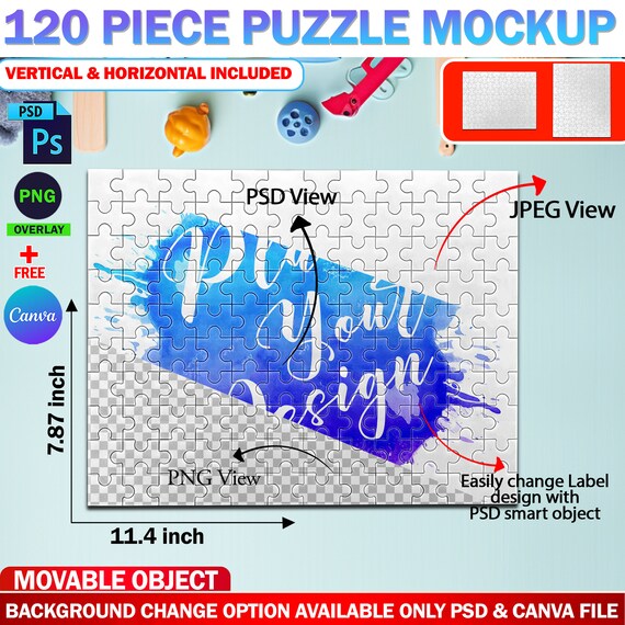 Canva 120 Piece Puzzle Mockup (11.4 X7.87 Inch), Insert Your Own Design & Background Via Smart Canva Frame And Photoshop PSD