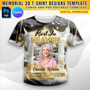 Memorial 3D All Over T-Shirt Design, Black Gold Rest In Peace Shirt Design Canva, PSD Templates, Editable File Perfect For DTF, Sublimation