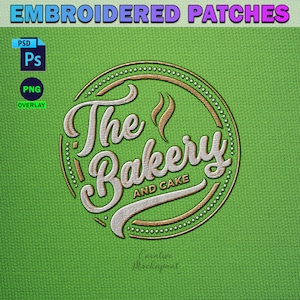 May include: Embroidered patch with a gold and white circular design. The text "The Bakery and Cake" is in a stylized font.