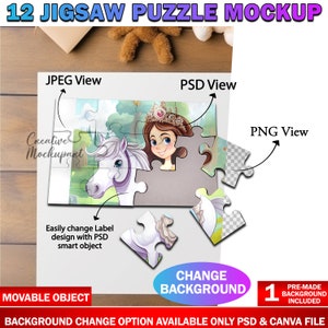 Dye Sublimation 12 Piece Puzzle Mockup, Jigsaw Puzzle Template, Insert Your Own Design & Background Via Smart Canva Frame And Photoshop PSD