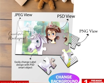Dye Sublimation 12 Piece Puzzle Mockup, Jigsaw Puzzle Template, Insert Your Own Design & Background Via Smart Canva Frame And Photoshop PSD