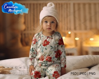 Baby Jumpsuit Mockup | Styled Photography Long Sleeve Pajama Set Mock Up, Kids Sleepwear Mock Ups, Realistic Baby PJ Mockup| DYE Sublimation