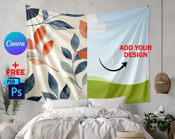 Canva Tapestry Mockup, Wall Flag Mockup, Boho Tapestry Mockup, Transparent PNG, Photoshop PSD, Canva Frame Tapestry Diversified Pack