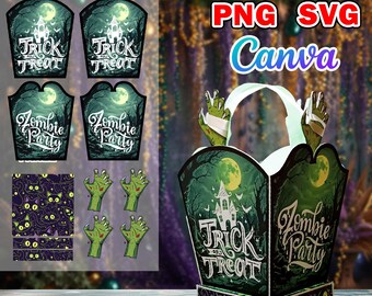 Halloween Trick Or Treat Box SVG Template, Canva Editable Halloween Candy Holder Foam Board Bag, Zombie Bat Favor Bag Craft Spooky Candy Box