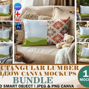 Puede incluir: Un paquete de 15 maquetas de almohadas rectangulares Canva con una variedad de diseños y texturas. Las maquetas se presentan en una variedad de entornos, incluyendo una sala de estar, un dormitorio y un patio al aire libre. Las maquetas son perfectas para mostrar tus diseños y crear presentaciones de aspecto profesional.