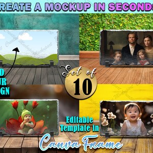 May include: Set of 10 editable slate photo frames with black metal stands. The frames are displayed on a wooden surface with a green leafy background. The text "Create a mockup in seconds!" is at the top of the image. The text "Add your design" is at the bottom left of the image. The text "Set of 10" is in a gold circle in the center of the image. The text "Editable template in Canva Frame" is at the bottom center of the image.